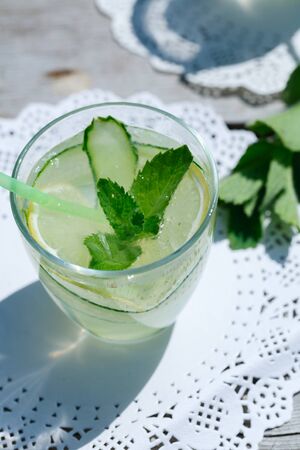 Summer refreshing drink. detox lemonade from cucumber, lemon and mintの写真素材
