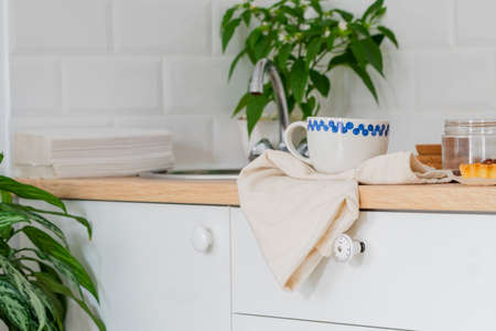 white kitchen interior. Scandinavian interior design in light colors with plants and accessories....