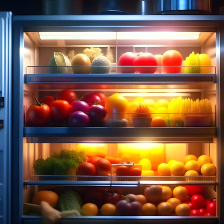 various vegetables and fruits in the refrigerator at nightの素材