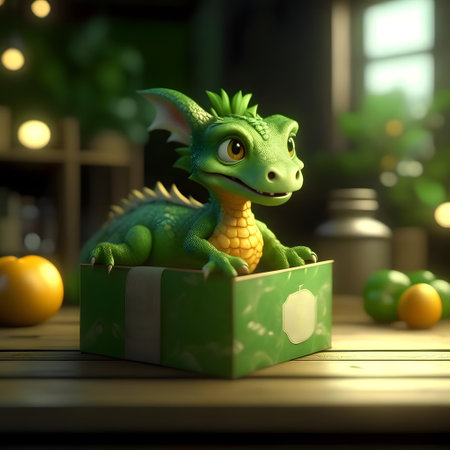 New Year's symbol 2024. A New Year's dragon on the background of a Christmas tree and gifts. New year light. Christmas green dragonの素材