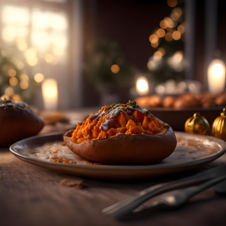 Baked sweet potato on a wooden table. Selective focus. on a wooden table. Christmas decorations.の素材