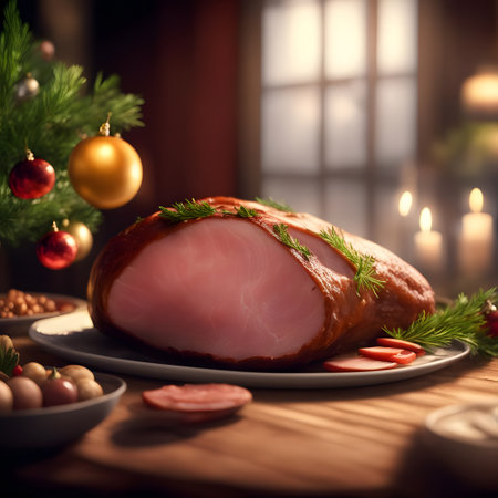 Sliced ham on a plate on a wooden table with Christmas decorationsの素材