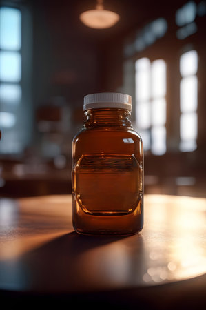Close-up of a brown glass medicine bottle on a wooden table.の素材