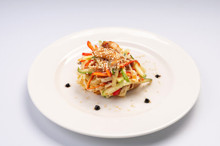 Dinner. Traditional Asian salad with chicken in sweet and sour sauce on a white plate and a white background.の写真素材