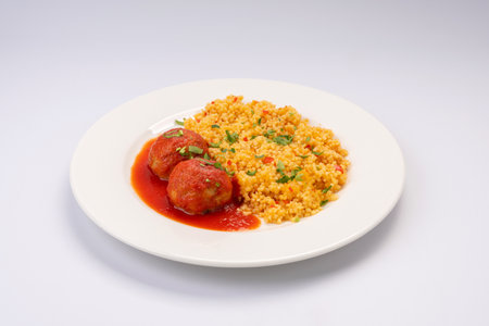 Business lunch. Meat balls in tomato sauce with a side dish of cereals and vegetables on a white backgroundの写真素材