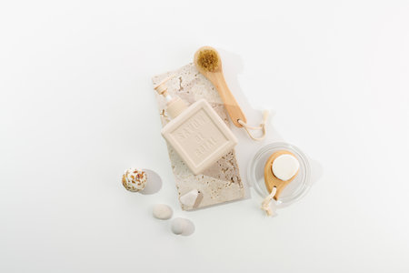 Various products for spa and beauty treatments, top view.の写真素材