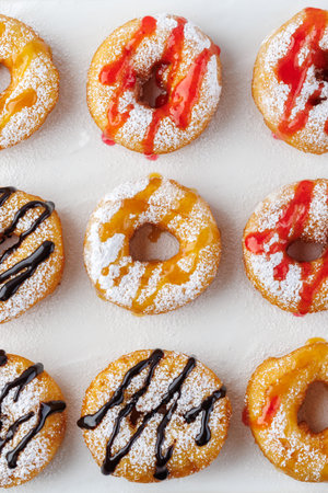 A group of donuts with powdered sugar and various toppings on a white plate close-up. Top viewの写真素材