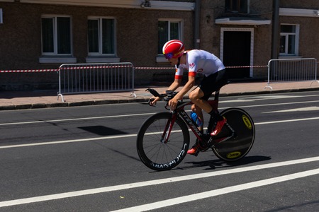 MINSK, BELARUS - JUNE 25, 2019: Cyclist Petrovski participates in Men Split Start Individual Race at the 2nd European Games event June 25, 2019 in Minsk, Belarusのeditorial素材