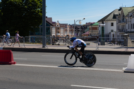 MINSK, BELARUS - JUNE 25, 2019: Cyclist from Germany participates in Women Split Start Individual Race at the 2nd European Games event June 25, 2019 in Minsk, Belarusのeditorial素材