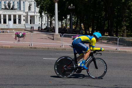 MINSK, BELARUS - JUNE 25, 2019: Cyclist from Ukraine on Colnago bike participates in Men Split Start Individual Race at the 2nd European Games event June 25, 2019 in Minsk, Belarusのeditorial素材