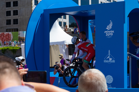 MINSK, BELARUS - JUNE 25, 2019: Cyclist from Belarus prepares to participate in Men Split Start Individual Race at the 2nd European Games event June 25, 2019 in Minsk, Belarusのeditorial素材