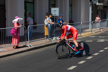 MINSK, BELARUS - JUNE 25, 2019: Cyclist from Turkey participates in Men Split Start Individual Race at the 2nd European Games event June 25, 2019 in Minsk, Belarusのeditorial素材