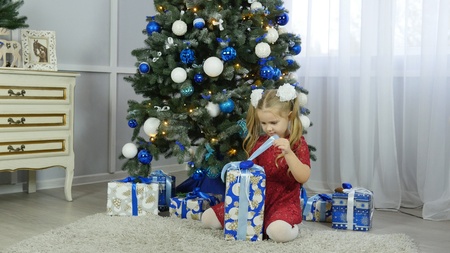 little girl with a new year giftの写真素材