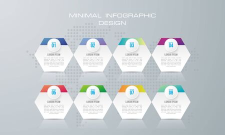Infographic template with 8 options, workflow, process chart,Timeline infographics design can be used for workflow layout, diagram, annual report, web design, steps or processes.のイラスト素材