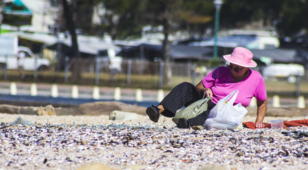 Old Lady looking for shells on beachのeditorial素材