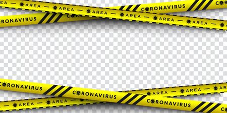 Vector design of coronavirus danger warning in yellow and black stripes. Isolated with a transparent background. Limiting the area of virus, quarantine, lockdown. Biohazard sign.のイラスト素材
