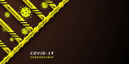 Vector design of coronavirus danger warning in yellow and black stripes. Background with copy space. Dividing area Covid-19, quarantine, lockdown.のイラスト素材