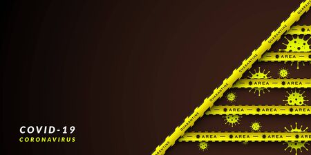 Vector design of coronavirus danger warning in yellow and black stripes. Background with copy space. Dividing area Covid-19, quarantine, lockdown.のイラスト素材