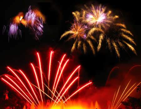 Colorful fireworks over dark sky, displayed during a celebration