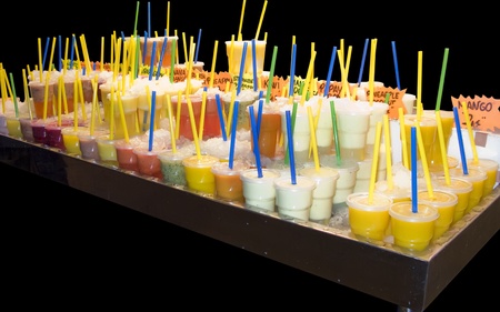 Colorful fruit juices in La Boqueria (Barcelona famous marketplace)の写真素材