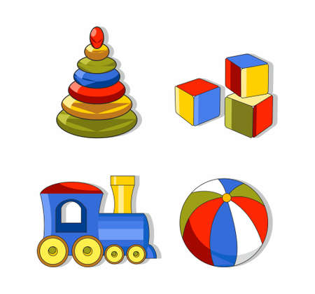illustration with toys. Train, cubes, ball, pyramidの写真素材