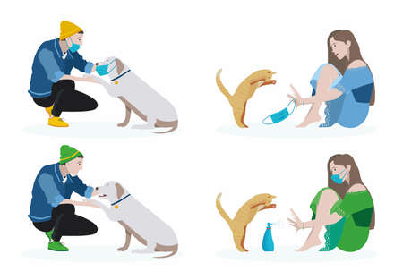 People of different sexes in protective masks play with pets. In our time, this is relevant.のイラスト素材