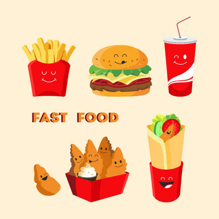 Collection of vector fast food icons in red packagingのイラスト素材