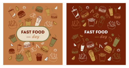 fast food background. Vector pattern of images of soft drink, nuggets, hamburgers, fries.のイラスト素材