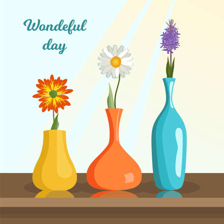 Beautiful flowers in vases, stand on the windowsill under the sun.のイラスト素材