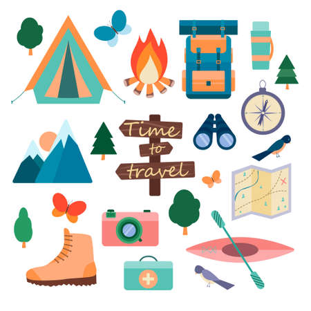 Camping and hiking equipment collection. Isolated objects on a white background. Mountain tourism, outdoor activitiesのイラスト素材
