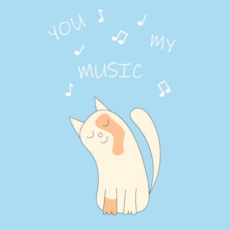 A postcard with a romantic cat, music and lettering. Vector illustrationのイラスト素材