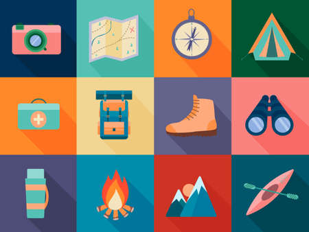 Camping and hiking equipment collection. Mountain tourism, outdoor activitiesのイラスト素材