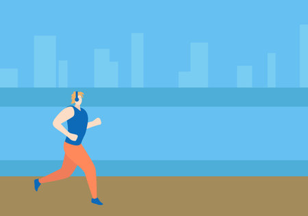 A male athlete runs through the city. River embankment. Outdoor sportsのイラスト素材