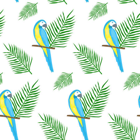 Seamless tropical pattern. Parrots and palm leaves. Vector illustration