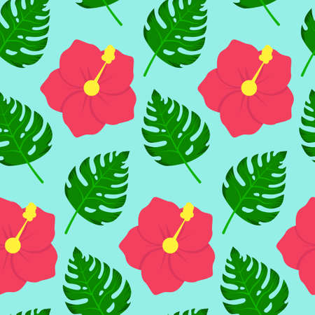 A seamless pattern of tropical flowers and monstera leaves.のイラスト素材