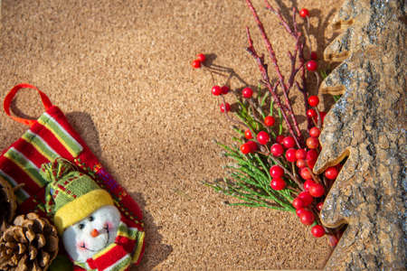 Christmas background of Christmas decorations on natural woodの写真素材