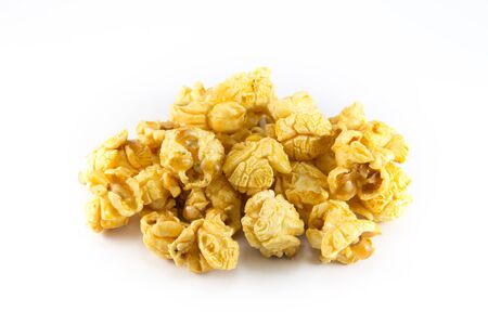 Caramel popcorn on white backgroundの写真素材