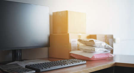 Close up of computer keyboard with Pakaging box, Ecommerce Concept.の写真素材