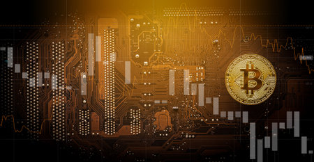 Gold bitcoin on computer mainboard with trading graph, Mining and trade bitcoin concept.の写真素材