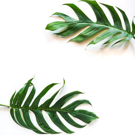 Flat lay of Green tropical Monstera leaf on white background with copy spaceの写真素材