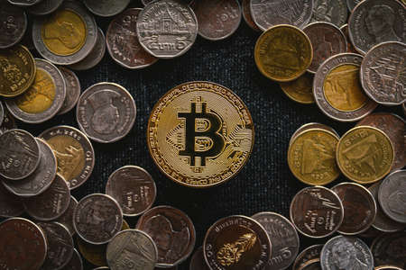 Golden bitcoin on money coin, Crypto Currency background concept.の写真素材