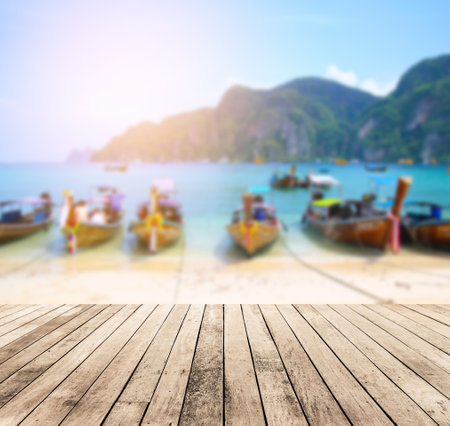 Old wood floor or wood table with sea scape islands  background for product displayの写真素材