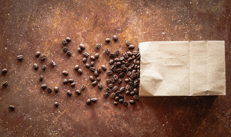 Roasted coffee beans spilling from brown paper bag on old brown backgroundの写真素材
