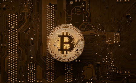 golden bitcoin on a computer circuit board, closeup of photoの写真素材
