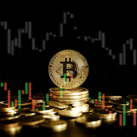 Bitcoin on the background of the stock exchange. The concept of crypto currency trading.の写真素材