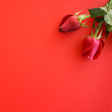 Red roses in a basket on a wooden background. Valentine's Day.の写真素材