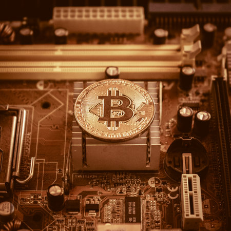 Bitcoin on computer circuit board closeup. Cryptocurrency concept.の写真素材