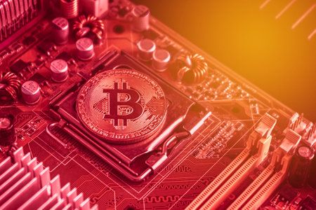Golden bitcoin on computer circuit board. Cryptocurrency mining concept.の写真素材
