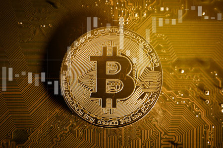 Golden bitcoin on the background of the electronic circuit board, close-upの写真素材