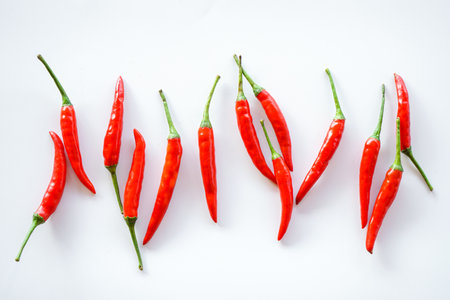 Red hot chili pepper on white background. Flat lay, top viewの写真素材